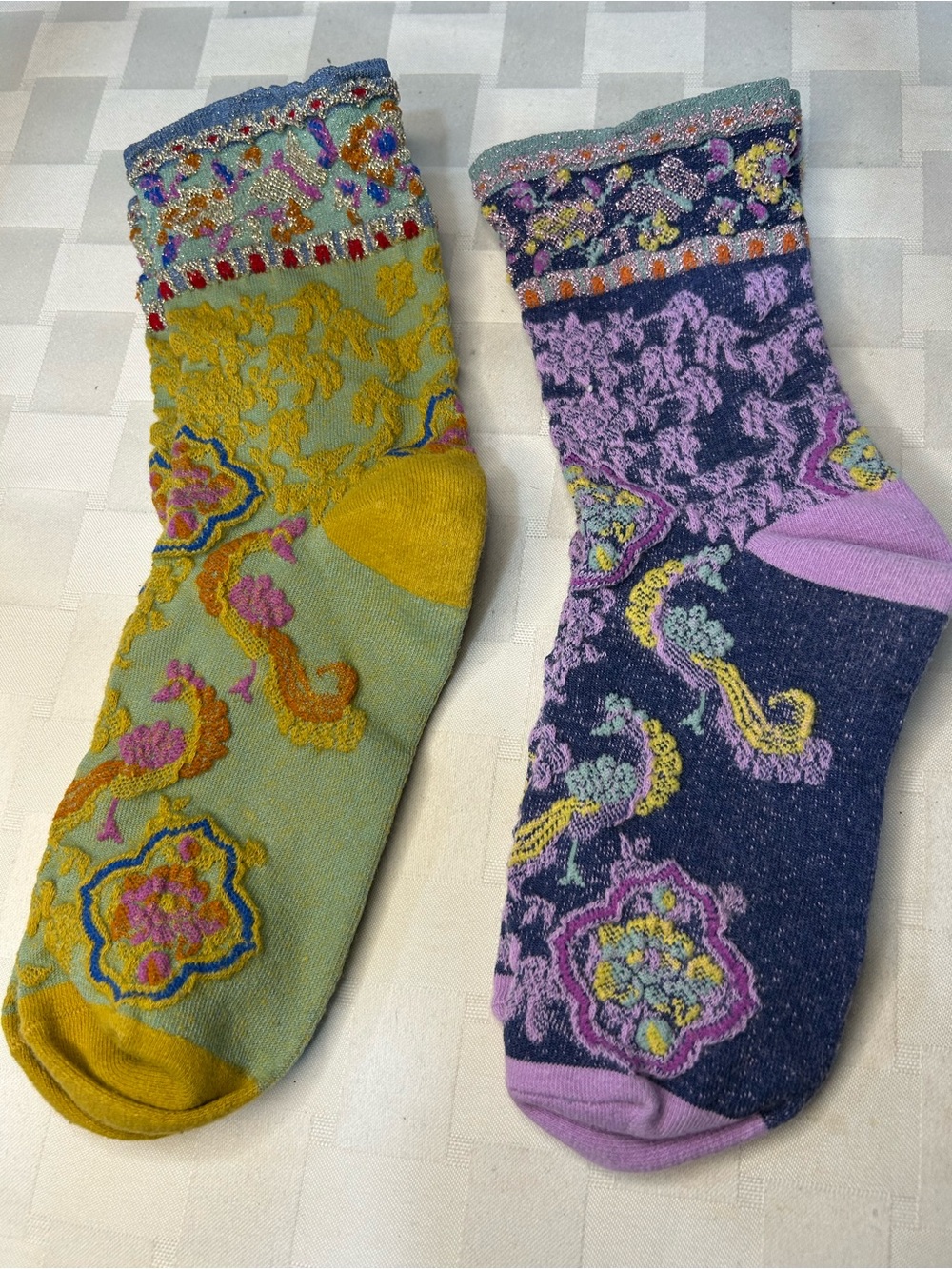 Two Pair of Floral Crew Socks - Yellow & Purple